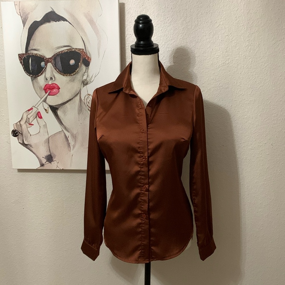 ✨🟤✨Satin button down blouse - Rich, Shiny Brown - Size M - BRAND NEW!